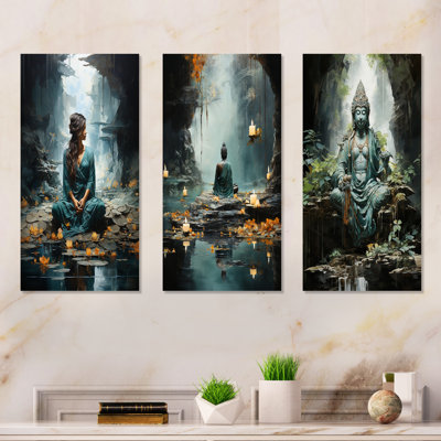 «Hinduism Yogis Tranquil Cave Teal» - ensemble de 4 reproductions d'art sur toile