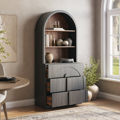 71" Tall Arched Bookshelf with 3 Drawers, Ebony