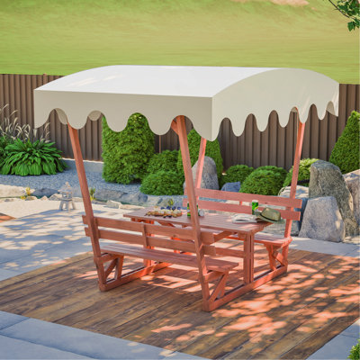 Outdoor Waterproof Solid Wood Picnic Table And Bench Set With Removable Canopy - Suitable For All-Weather Patios, Gardens, Decks, Parks, Beaches
