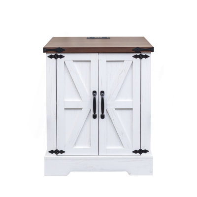 Farmhouse End Table With Charging Station, Rustic Wood Nightstand With Adjustable Shelf, 19.6"W Versatile Walnut Sofa Side Table With Barn Doors & Retro Hinges For Bedroom, Living Room, White