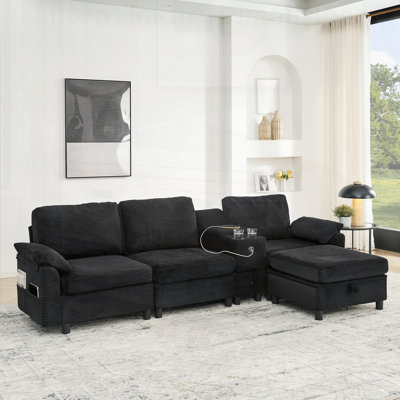 Canapé modulaire moderne en L avec rangement tout-en-un, poches latérales, porte-gobelets et repose-pieds relevable pour une assise confortable