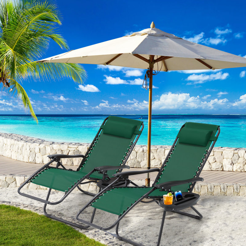 Set of 2 Zero Gravity Lounge Chairs, Folding Reclining Patio Chairs with Cup Holder & Headrest, Green