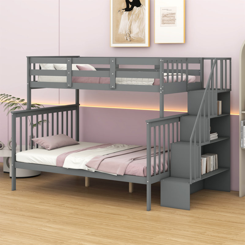 Bunk Bed With Storage Stairway And Guard Rail For Bedroom, Gray