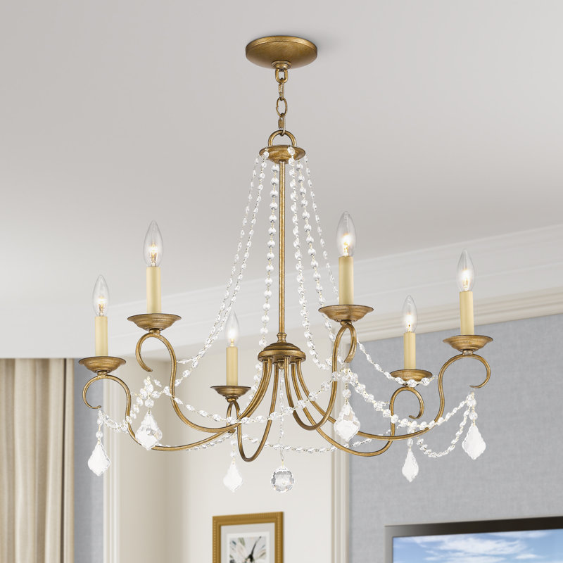 Lustre classique / traditionnel à 6 lumières de style candélabre avec détails en cristal Fabio, Feuille d'or antique