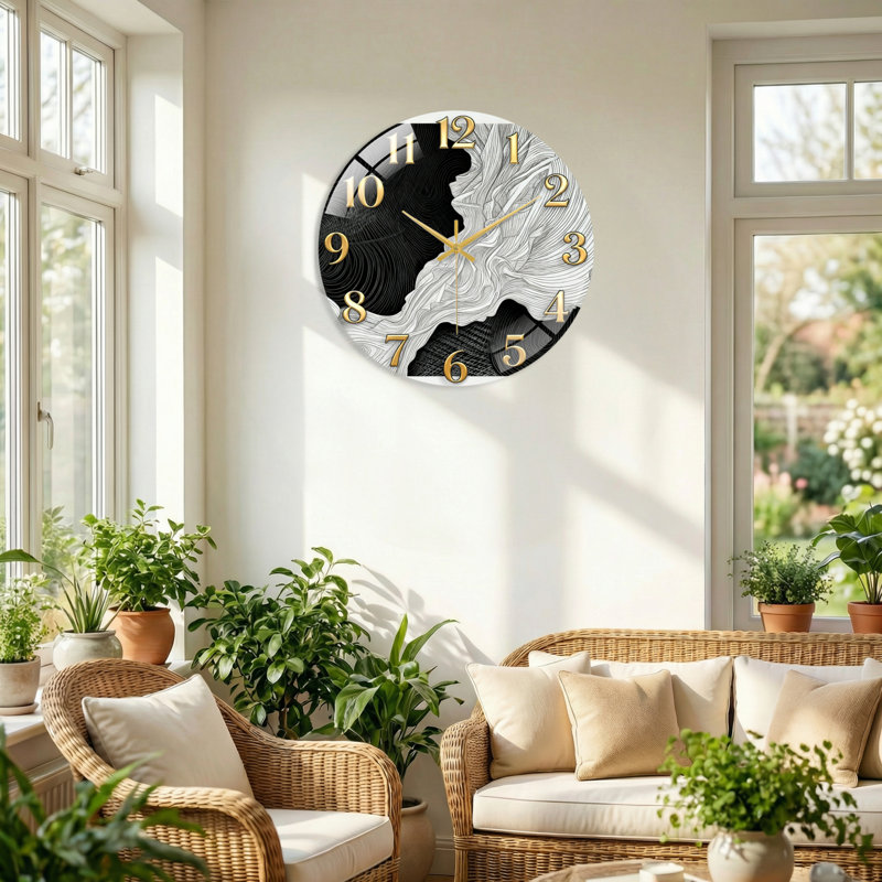 Black White Modern Decorated Glass Wall Clock Home Decor Art-15.7", 60 x 60 cm (23,6 x 23,6 pouces)