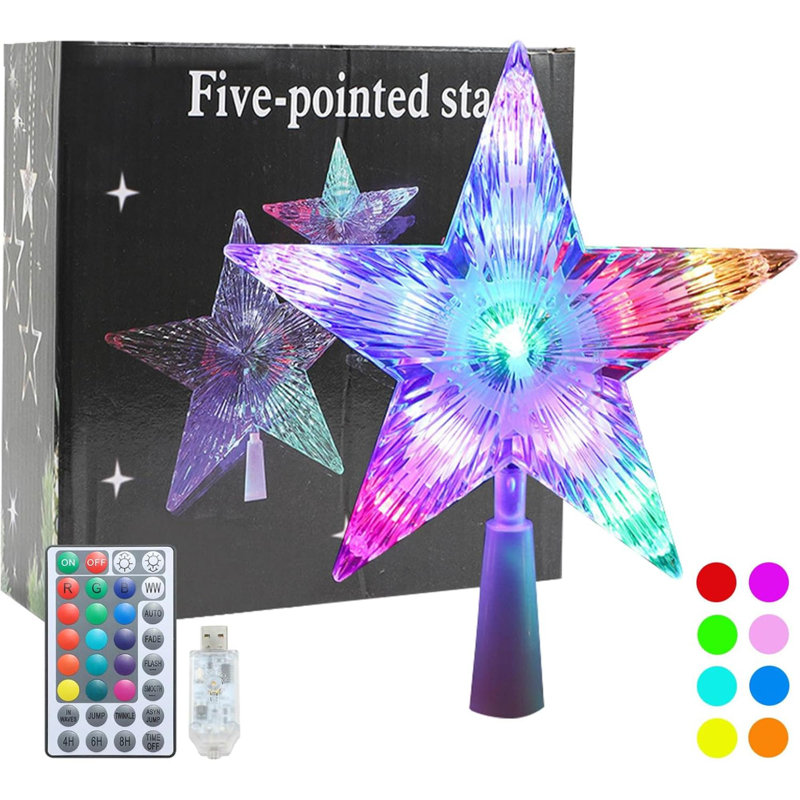 Christmas Tree Topper, 9" Lighted Christmas Tree Topper Star KBG LED 20 Light Modes Colour Changing USB Powered With Versatile Remote Controller For Xmas Decorations