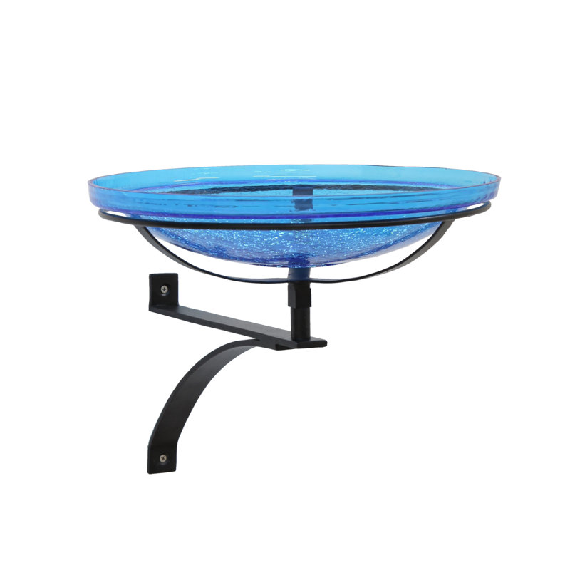 14" Crackle Glass Birdbath with Wall Bracket, Teal