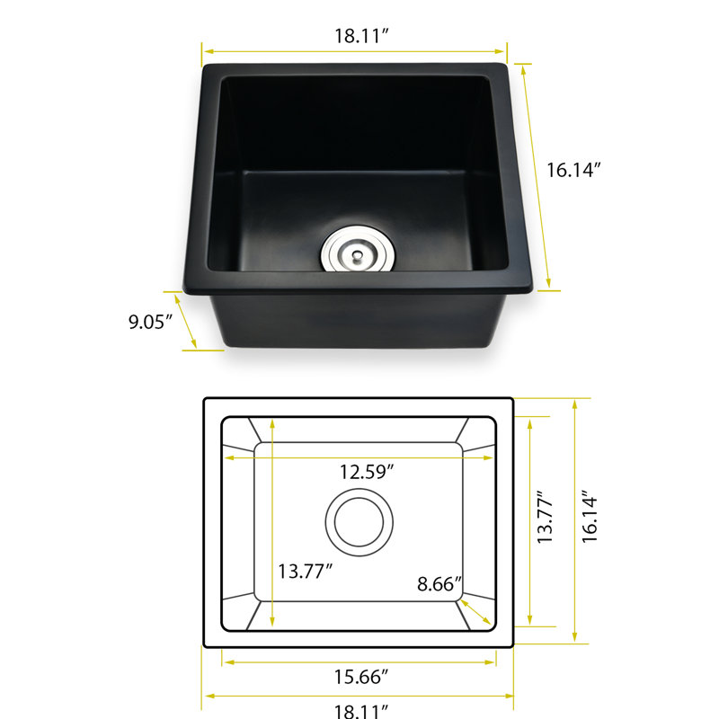 Évier encastré à quartz 18 po x 16 po, noir mat, insonorisant, chauffant, barre antirouille 18 po x 16 po, résistant aux taches