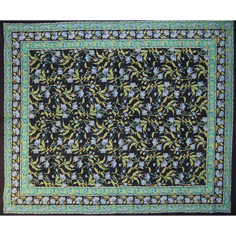 Tapisserie en coton à imprimé floral, H 88 po x l 104 po, Noir / Vert