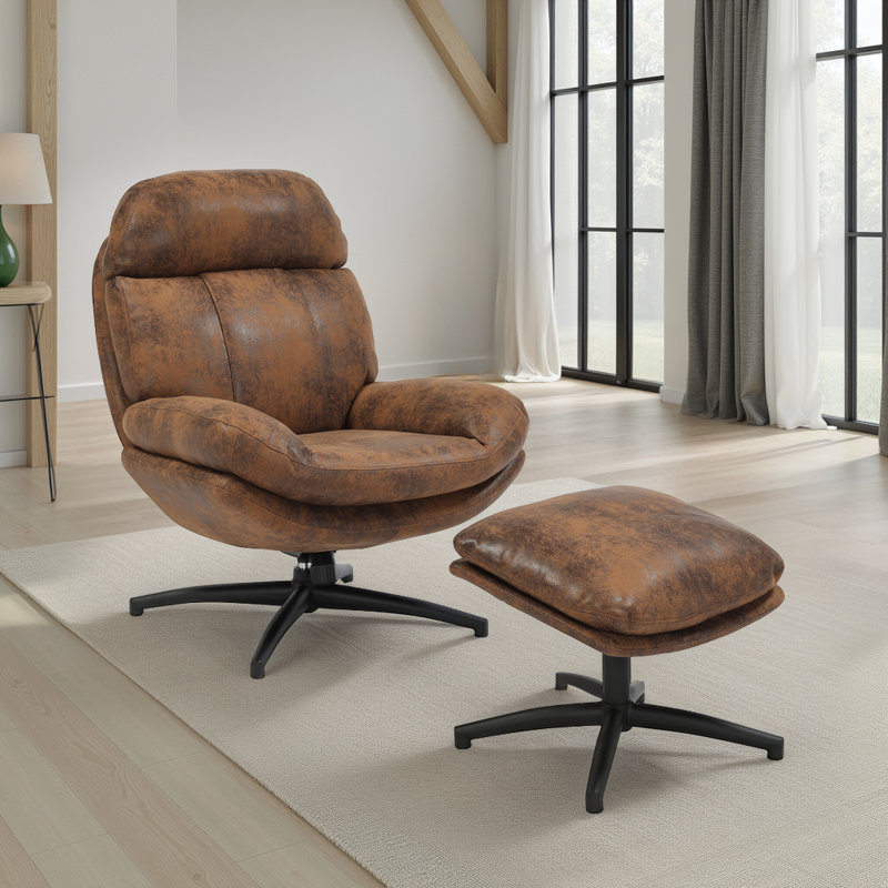 Upholstered Swivel Accent Chair with Footstool, Brown Microfiber/Microsuede