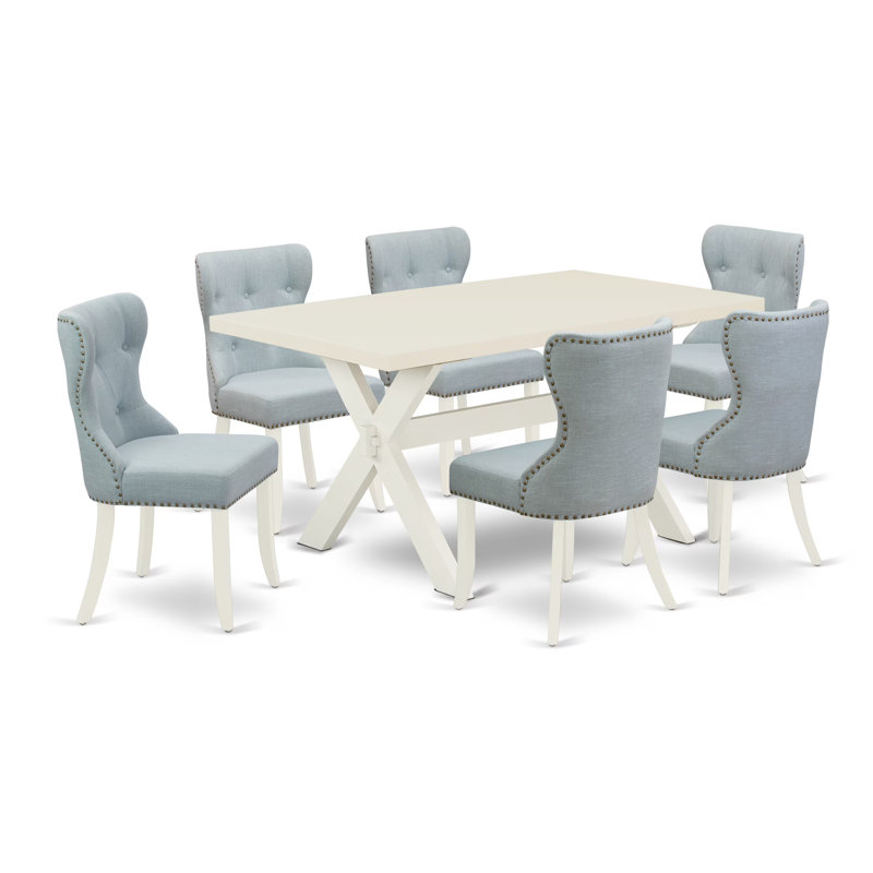 4B09FB00C0634B04B8215FA48BC9A39F Ensemble de table de salle à manger 7 pièces - 6 chaises de salle à manger avec siège rembourré et une table rectangulaire - Finition lin blanc