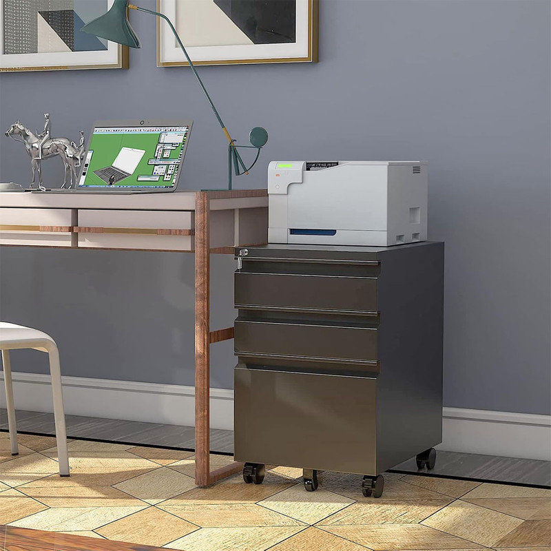 3 Drawer File Cabinet with Lock and Wheels,Black Rolling File Cabinet,Fit A4/Letter/Legal File Stylish & Practical