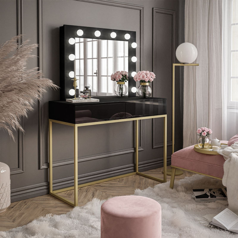 Antoniya Dressing Table with Mirror, Gold Matt/High Gloss Black