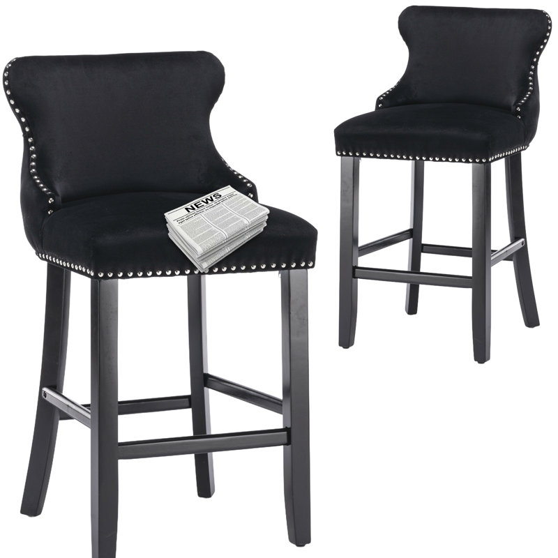 Velvet Upholstered Wing-Back Solid Wood Bar Stools  (Set of 2), Black