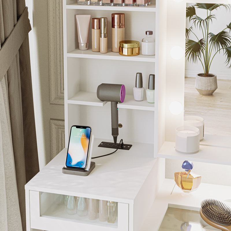 Vanity Desk With Outlet, Hollywood Vanity With Glasss Drawers Tabletop