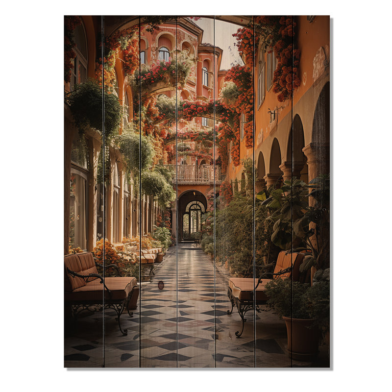 Reproduction d'une hacienda espagnole sur bois naturel, H 32 po x l 24 po x P 0,78 po