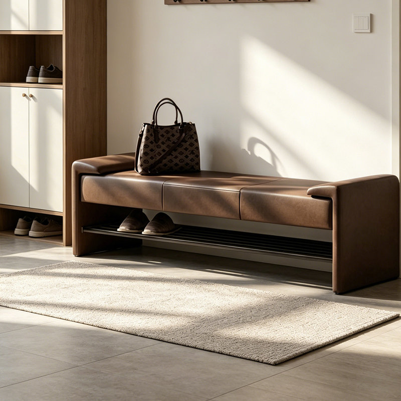 Italian Style Leather Solid Wood Shoe Bench, Brown