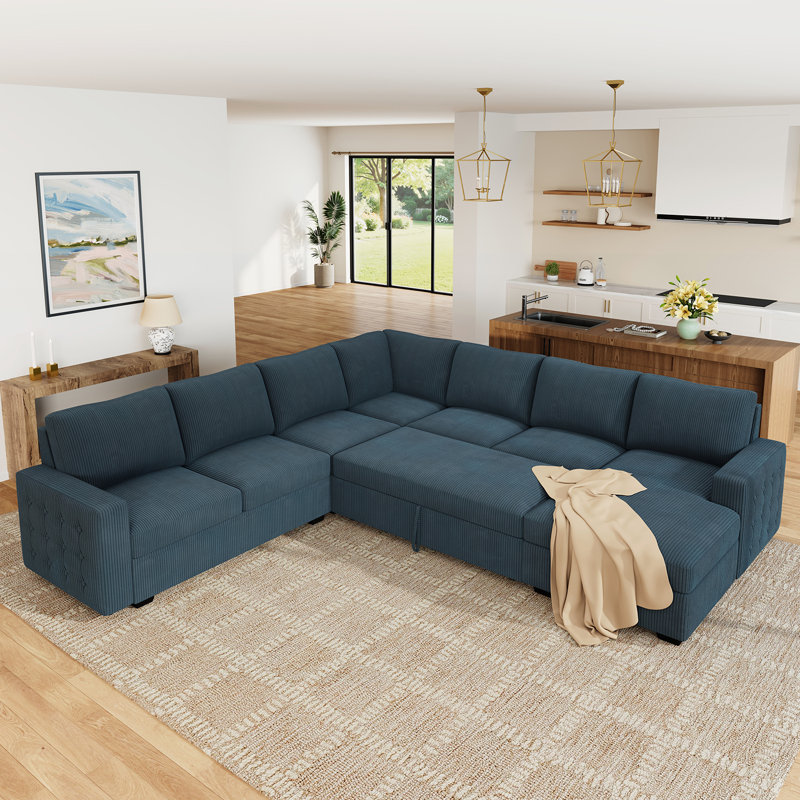 Brunella U-shaped Oversized Sleeper Sofa Storage Corduroy Sectional, Blue Corduroy