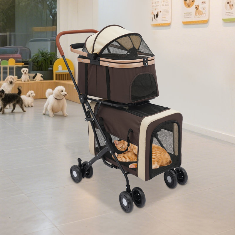 Two-Tier Pet Stroller Dual Carrier With Adjustable Handle,Foldable Design, And 360° Swivel Wheels (77Lbs Capacity), Coffee