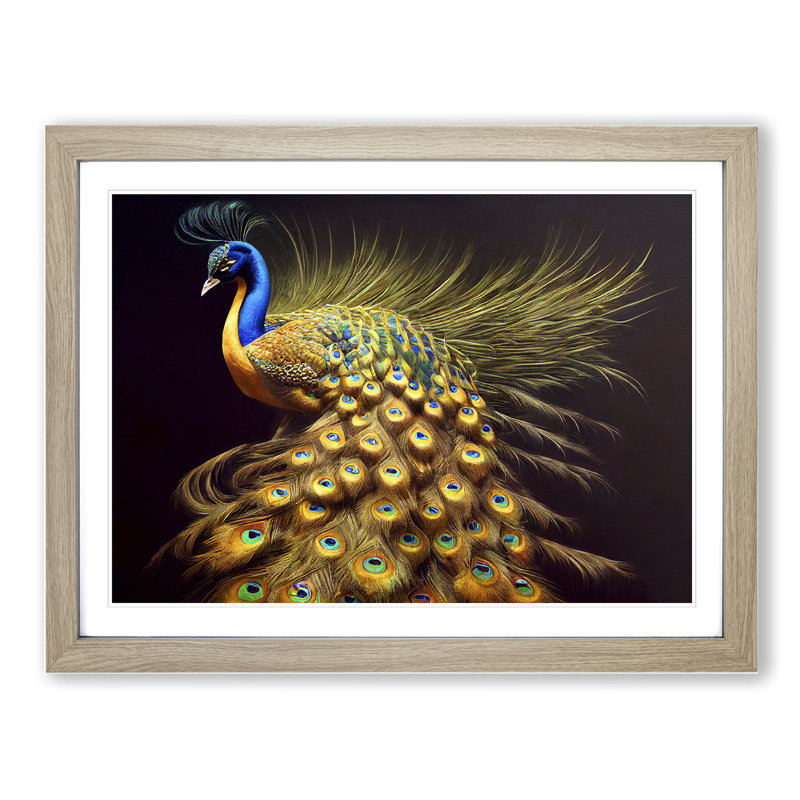 Illuminated Peacock - Single Picture Frame Painting, 34cm H x 46cm W x 2cm D, Oak