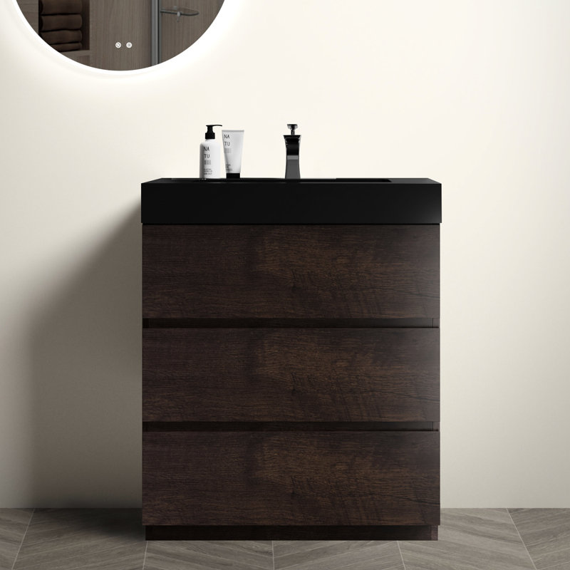 30" Bathroom Vanity - Black Sink, Spacious Interior Furniture With Max Storage, Walnut, 30", Black