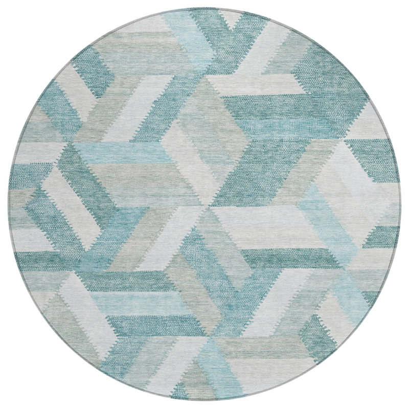 Machine Washable Indoor/Outdoor Claudian ACN1241 Teal Rug, Round 8'