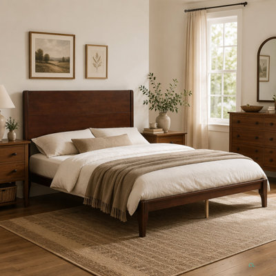 Grand lit plateforme Mid-Century moderne en bois de bambou de 12 pouces avec support en métal à lattes de bois, aucun sommier requis, assemblage facile