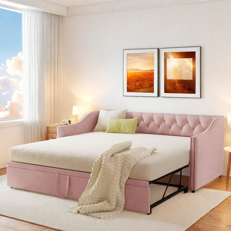 Upholstered Daybed With Pop Up Trundle, Pink