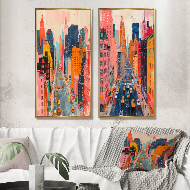 Ensemble de 2 gratte-ciel roses New York City I - New York City, H 28 po x l 24 po, Impression encadrée, Or