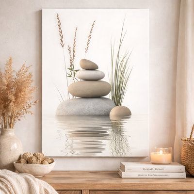 Art mural sur toile encadrée - Piles de pierre zen et roseaux au bord de l'eau, nature minimaliste - 24 po x 36 po pour la salle de bain et le salon