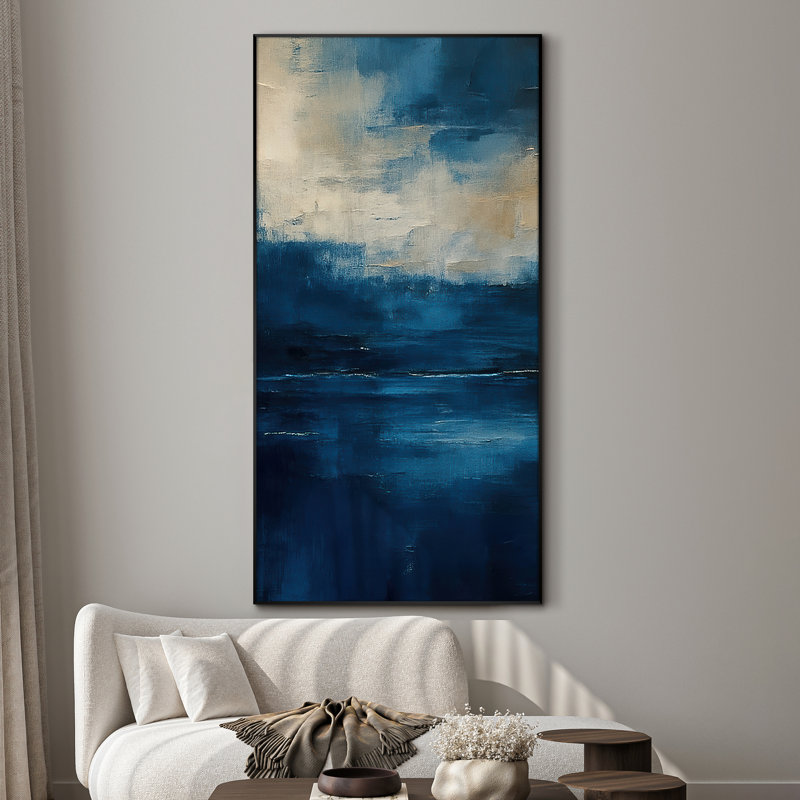 Très grande reproduction d'art sur tissu - Décoration murale abstraite moderne bleu foncé pour le salon ou la chambre à coucher - «Assemblage requis du cadre (cadre non fini)»