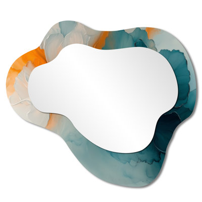 Abstrait abstrait doré et turquoise Glow I - miroir mural asymétrique Ranunculus, miroir de coiffeuse traditionnel, imprimé sur métal