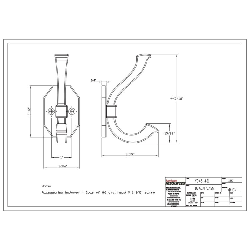 Metal 2 - Hook Wall Hook, Satin Nickel