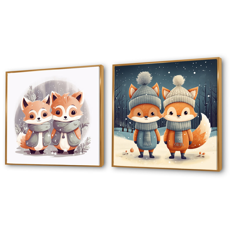 «Nursery Animal Fox I», ensemble de 2 reproductions sur toile, Cadre flottant doré, H 30 po x l 61 po x P 1 po
