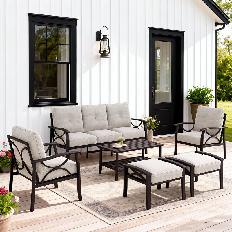 Outdoor Furniture Set with Cushions, 7-Person All-Weather Metal Frame Patio Furniture Set, 6-Piece Outdoor Patio Set with Ergonomic Back Support