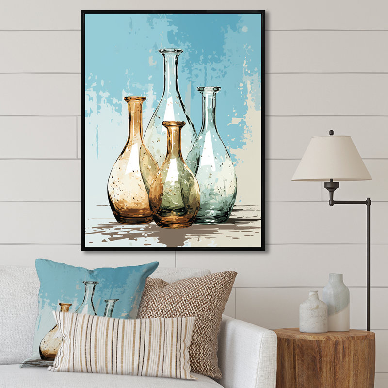 Art contemporain bleu poterie II - Boho, Cadre flottant noir, 32" H x 16" W
