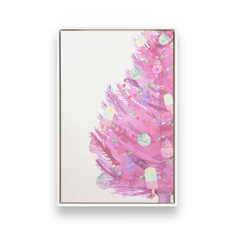 Reproduction d'arbre de Noël rose ludique sur toile, Cadre flottant blanc, H 48,75 po x l 32,75 po