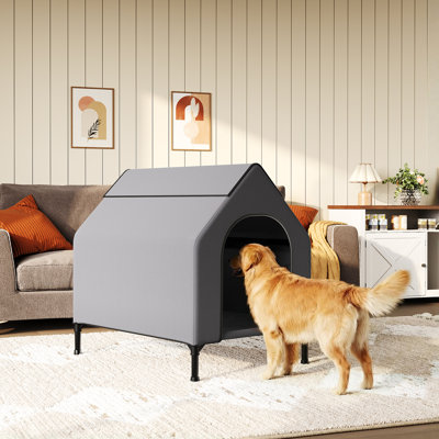 Niche pour chien surélevée résistante aux intempéries - auvent Oxford 600D, surface de couchage en filet respirant, structure robuste - abri de tente pour animaux de compagnie de taille moyenne pour l'intérieur et l'extérieur - conception imperméable et facile à nettoyer - gris