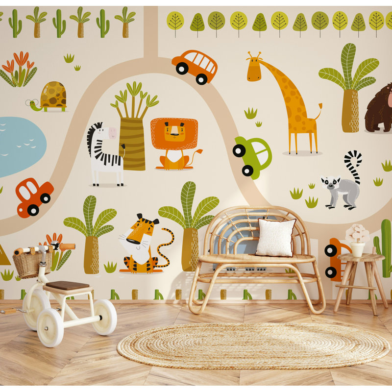 Papier peint safari avec enfants sur la route, L 36,96 po x l 56 po