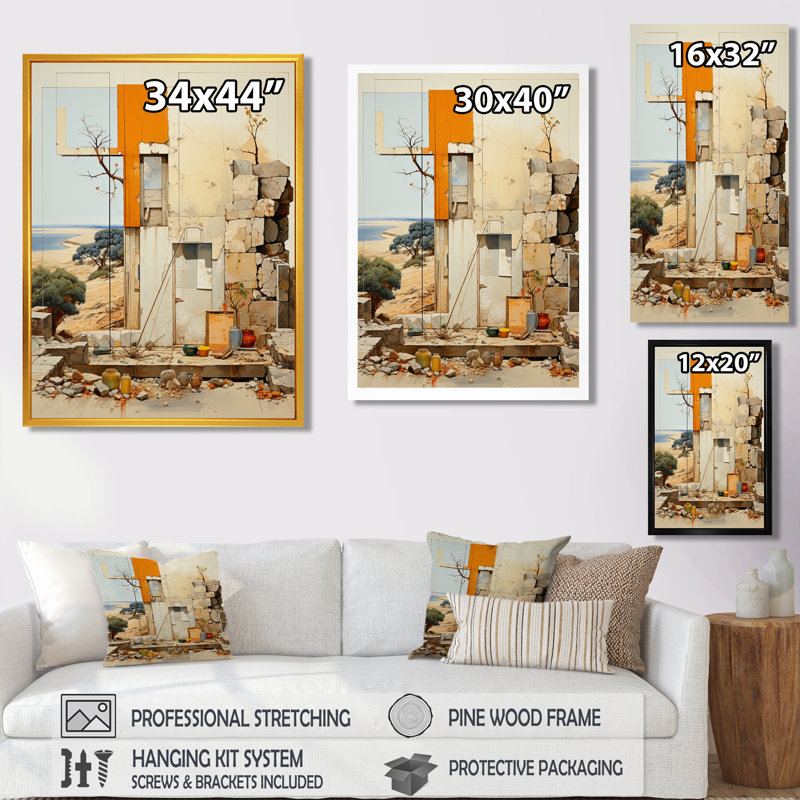 Modernist Ruin By The Seaside - City Buildings, art mural, Toile avec cadre flottant noir, H 20 po x l 12 po x P 1 po