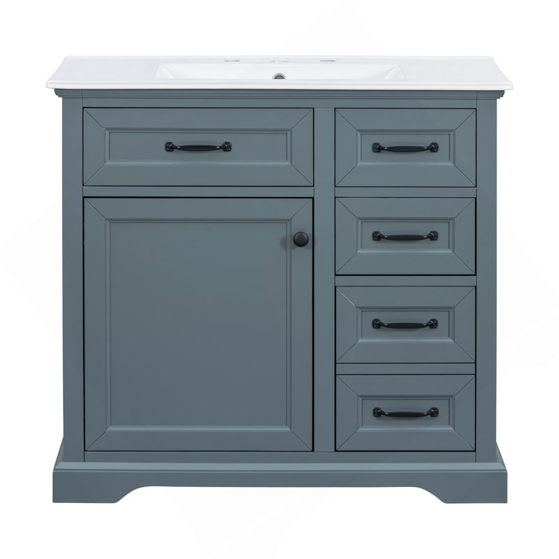 Meuble-lavabo 36 po avec lavabo, lavabo en céramique, 2 tiroirs basculants, charnières de porte à fermeture en douceur, bleu gris