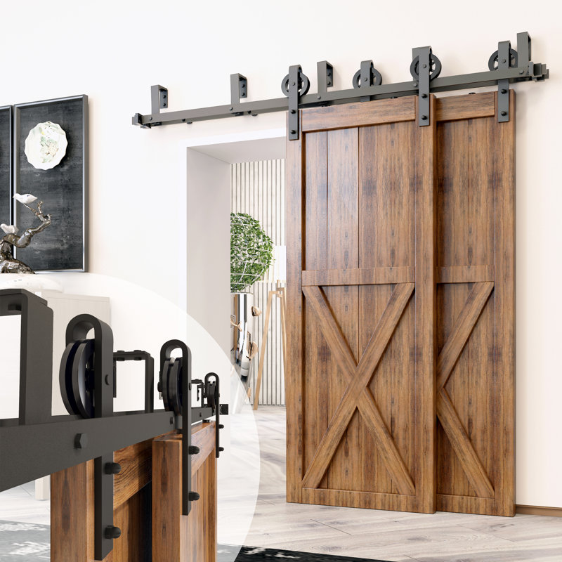 Black Rustic Spoke Wheel Design Double Bypass Track Two Door Hardware Kit (Door Not Included), 72 in.