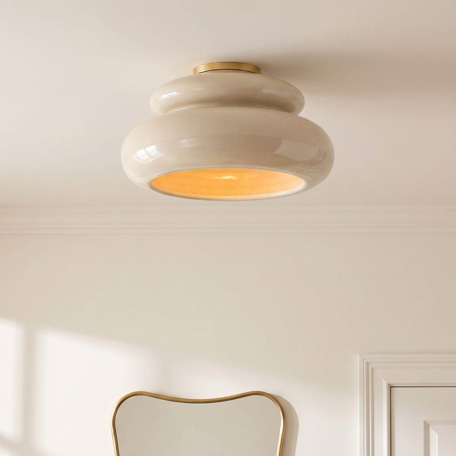 Single Light Flush Mount, Aged Brass and Ceramic Butter Crackle