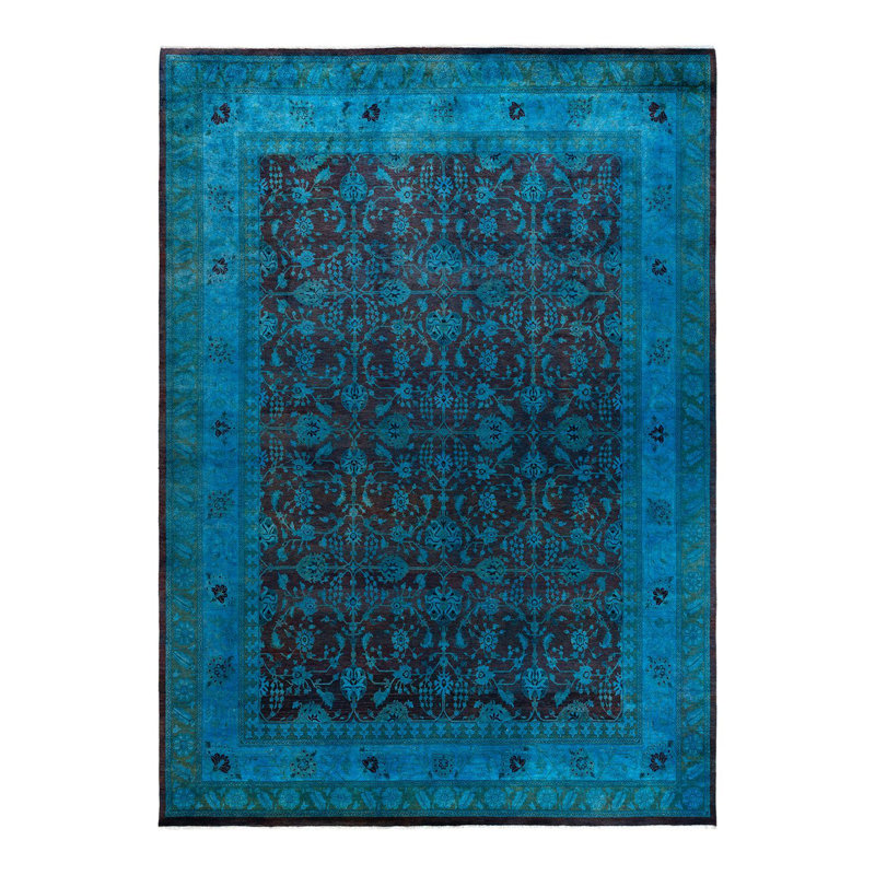 Tapis unique noué à la main Fine Vibrance - bleu, 9 pi 0 po x 11 pi 10 po