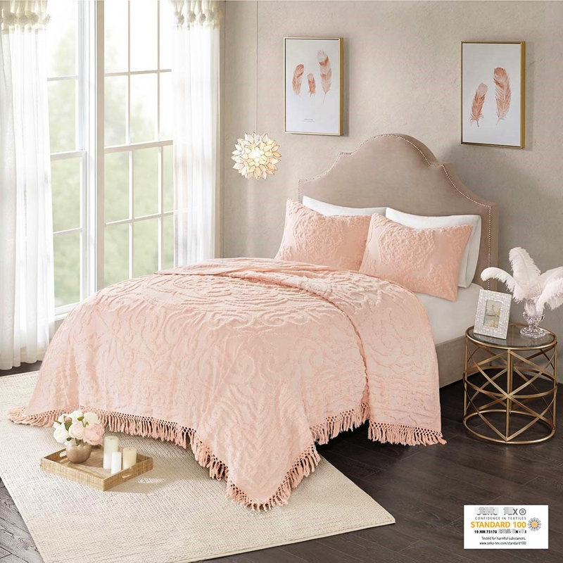 100% coton chenille couvre-lit à médaillon à franges rosé double / grand