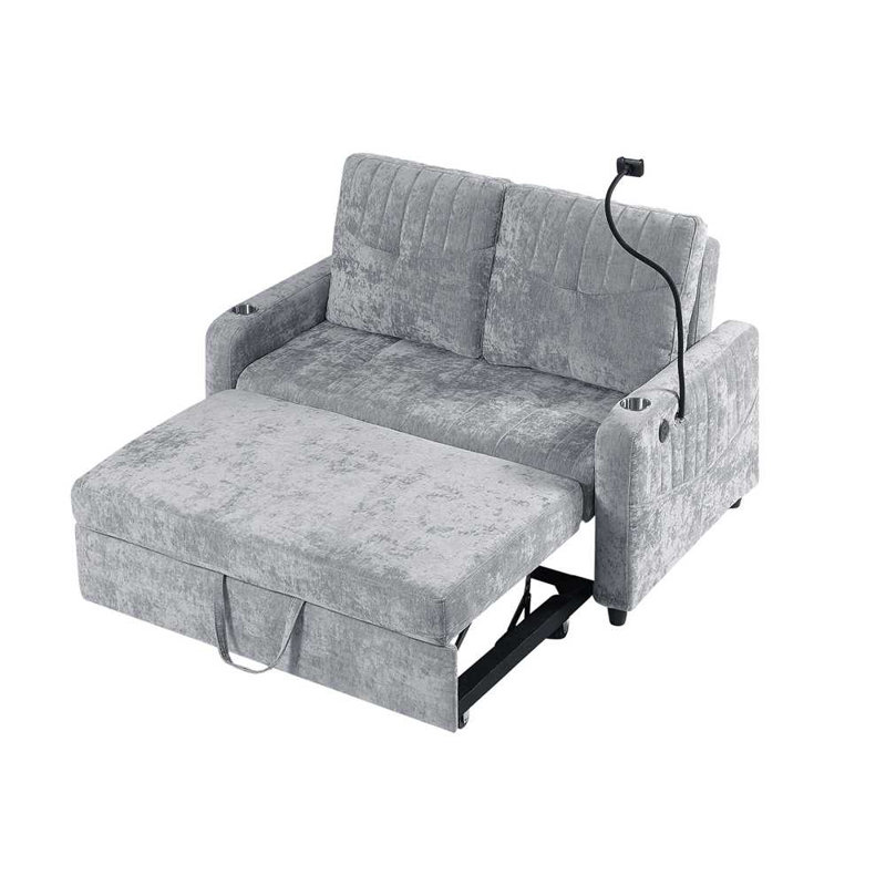 Loveseat, Pull-Out Sofa Bed With Adjustable Backrest And Two Cup Holders, Gray Chenille