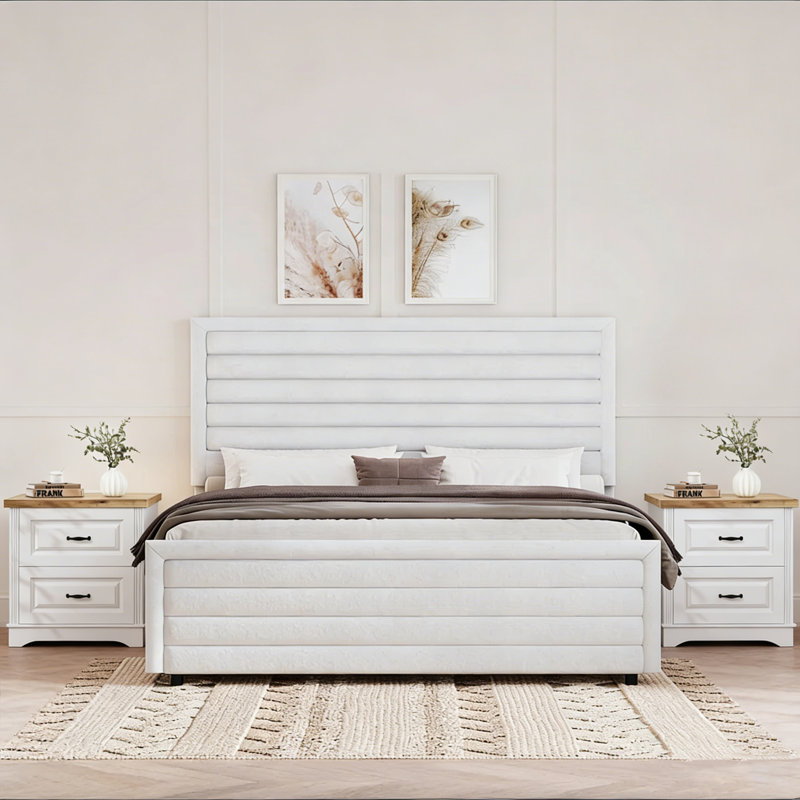Ensemble de lit plateforme en velours avec 2 tables de chevet Farmhouse, Blanc, Lit double