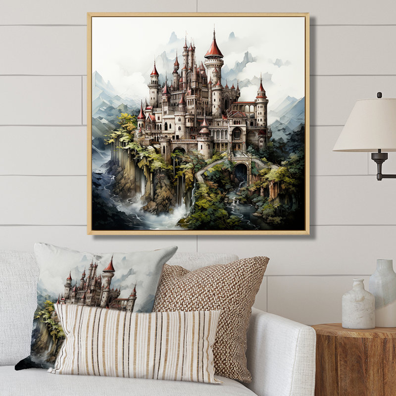 Dessin mystique d'un château sur toile, Cadre naturel flottant, H 24 po x l 24 po x P 1 po