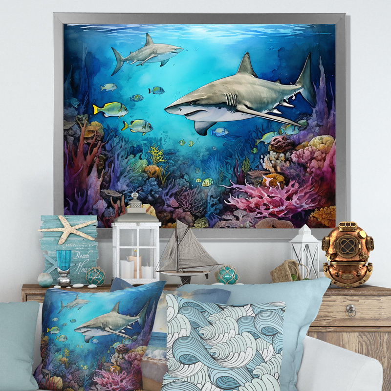 " Shark Haven Under Water Painting I ", 12" H x 20" W x 1" D, Silver Single Picture Framed