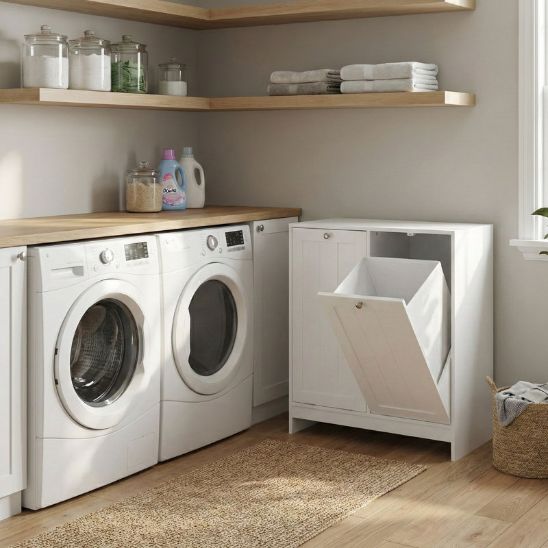 Armoire de panier à linge inclinable avec 2 paniers amovibles, organisateur de salle de lavage de ferme, blanc